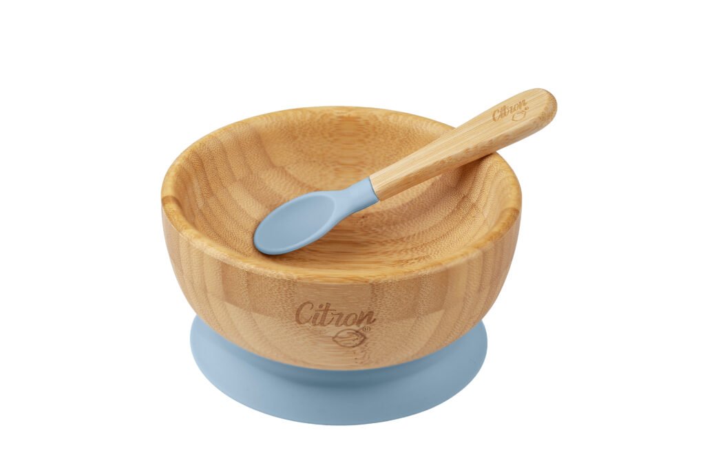 Organic Bamboo Bowl 300ml Suction + Spoon Dusty Blue