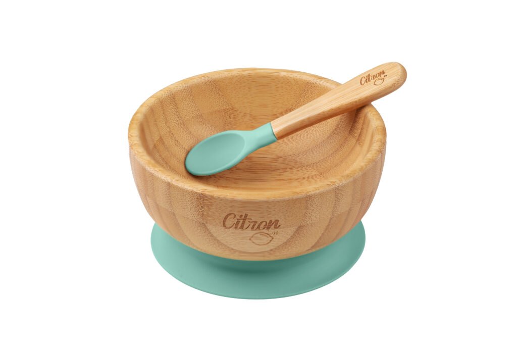 Organic Bamboo Bowl 300ml Suction + Spoon Pastel Green