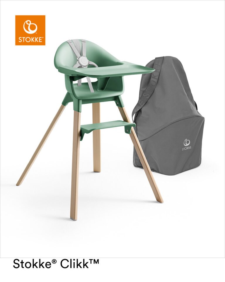 Stokke® Clikk™ High Chair Clover Green with Travel Bag Grey.