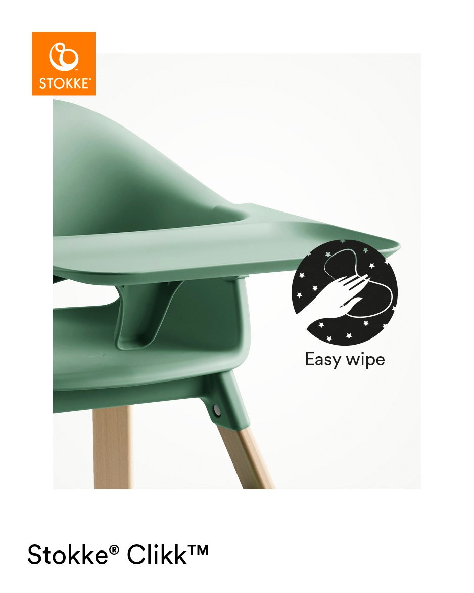 Stokke® Clikk™ High Chair with Tray, in Natural and Clover Green.