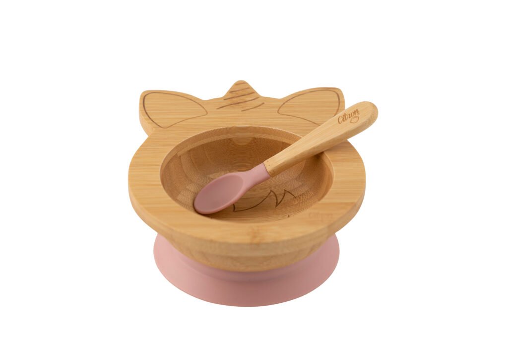 Organic Bamboo Bowl 250ml Suction + Spoon Unicorn Blush Pink