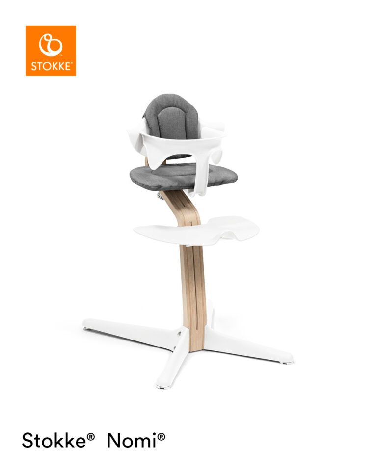 Stokke® Nomi® Chair Natural-White with Baby Set and Grey Cushions.
