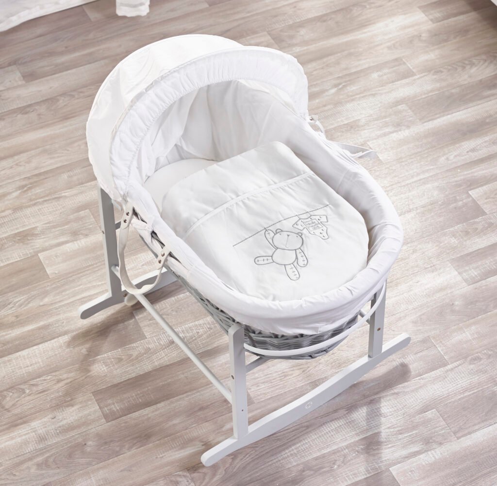 White Teddy Wash Day Grey Wicker Moses Basket