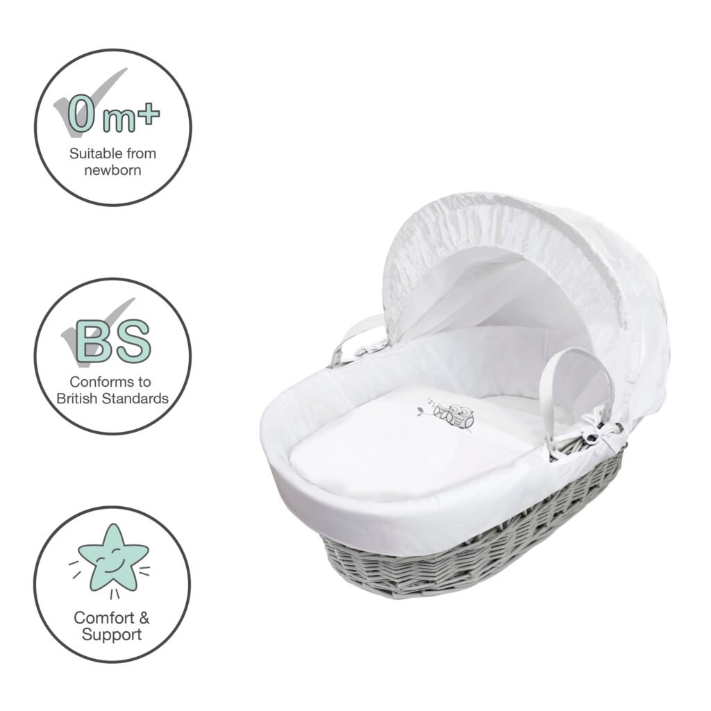 Sleepy Owl Grey Wicker Moses Basket