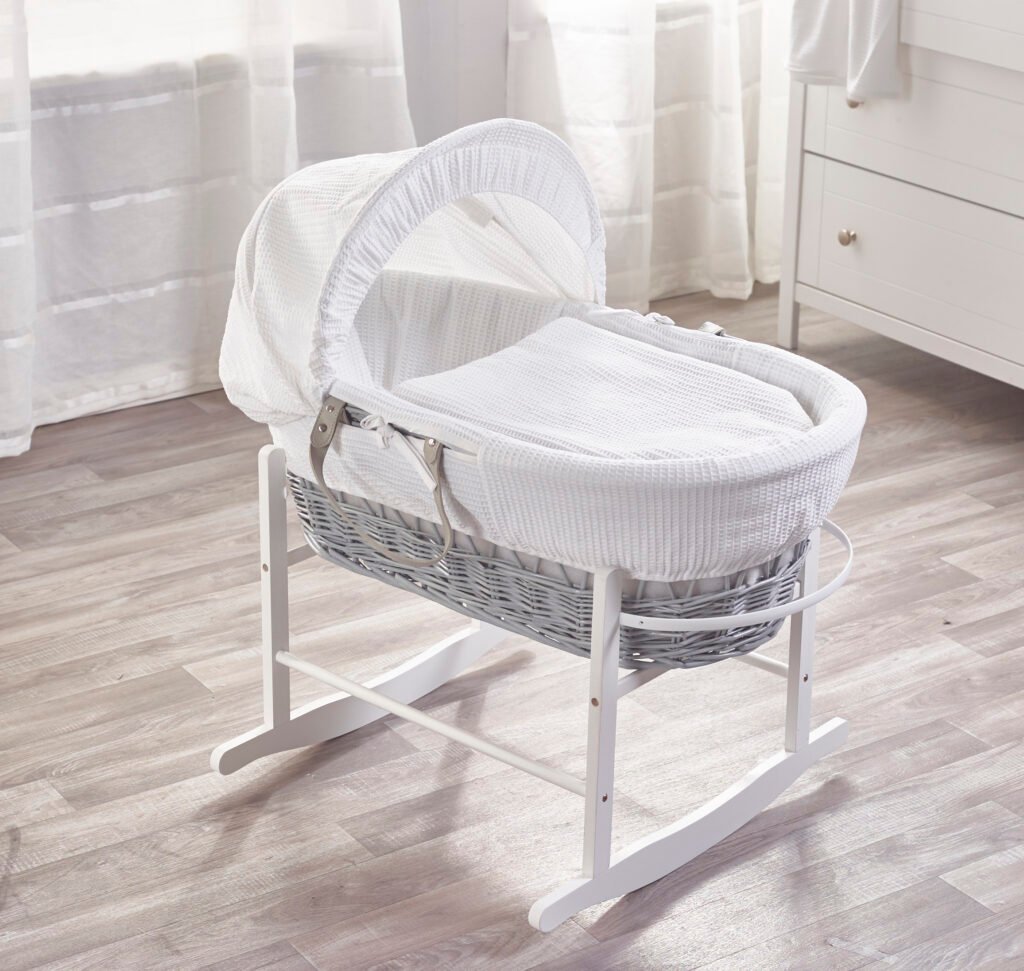 White Waffle Grey Wicker Moses Basket