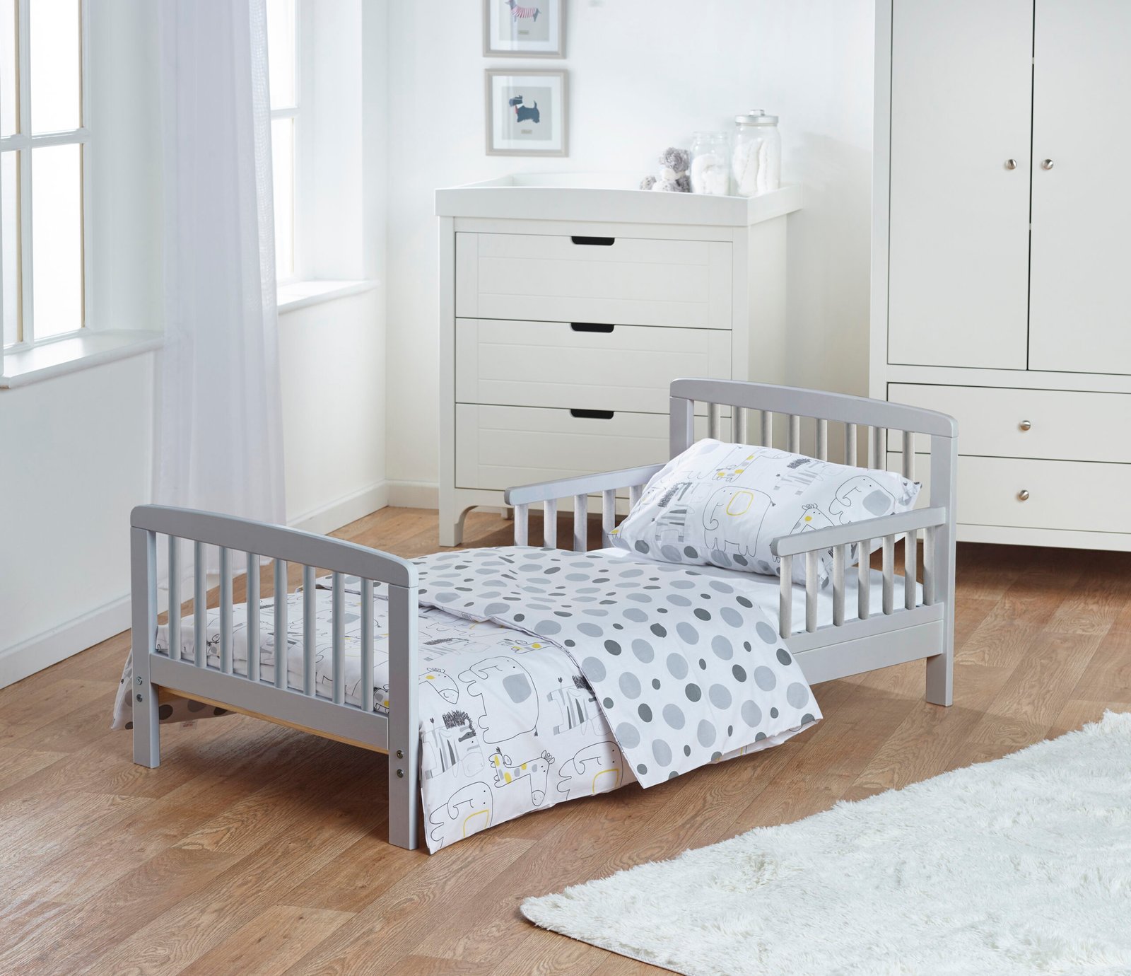 7 Pcs Woodland Tales Sydney Toddler Bed Grey Bundle with Kinderflow Mattress