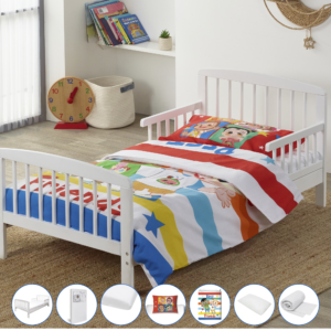 Cocomelon kinder valley 7 piece toddler bed bundle with Sydney toddler White bed and Kinder Flow mattress