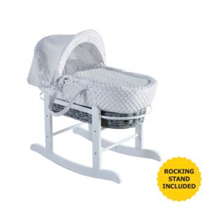 White Waffle Grey Wicker Moses Basket with White Rocking Stand