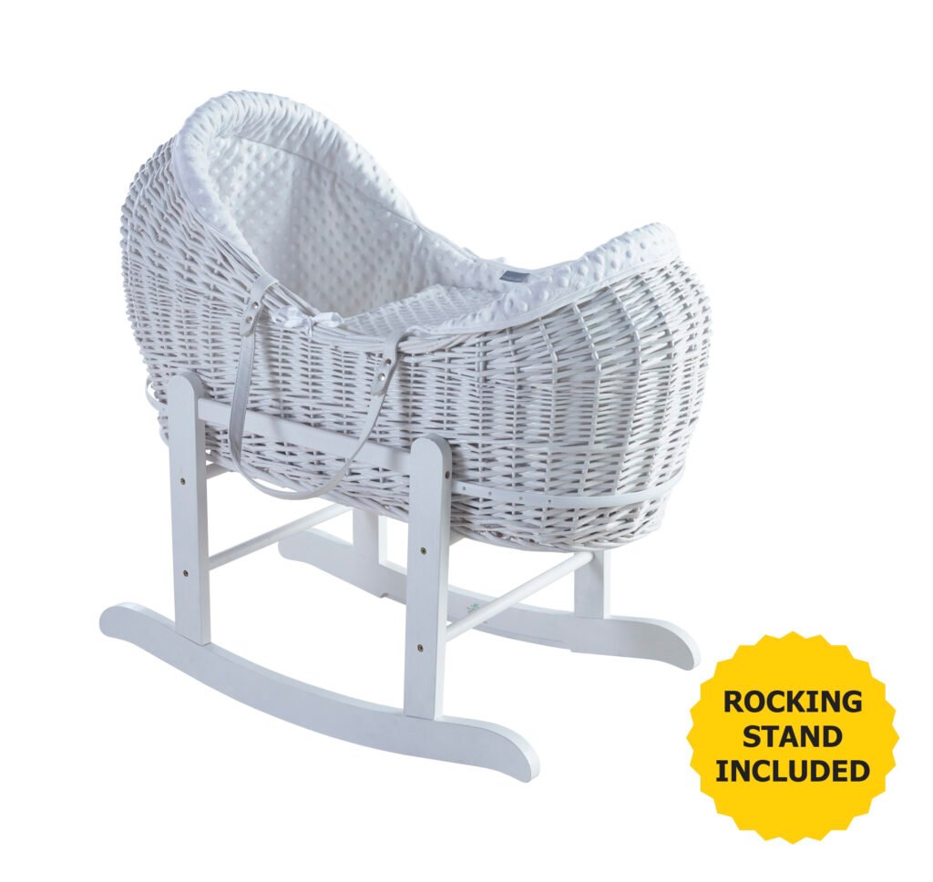 White Dimple White Pod Moses Basket with White Rocking Stand