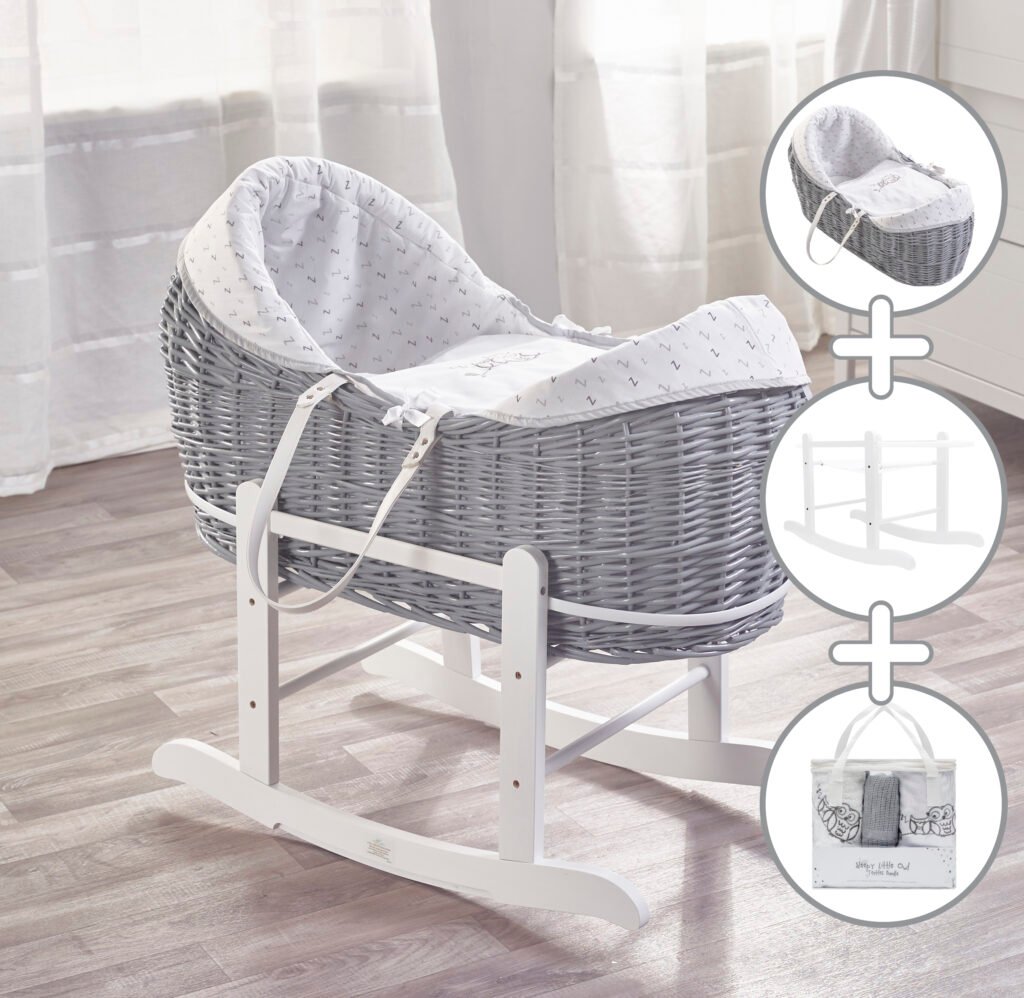 Sleepy Little Owl Grey Pod Moses Basket with White Rocking Stand and Sleepy Little Owl Textile Bundle