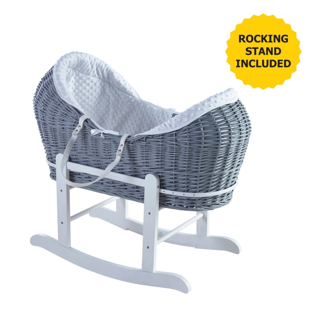 White Dimple Grey Pod Moses Basket with White Rocking Stand