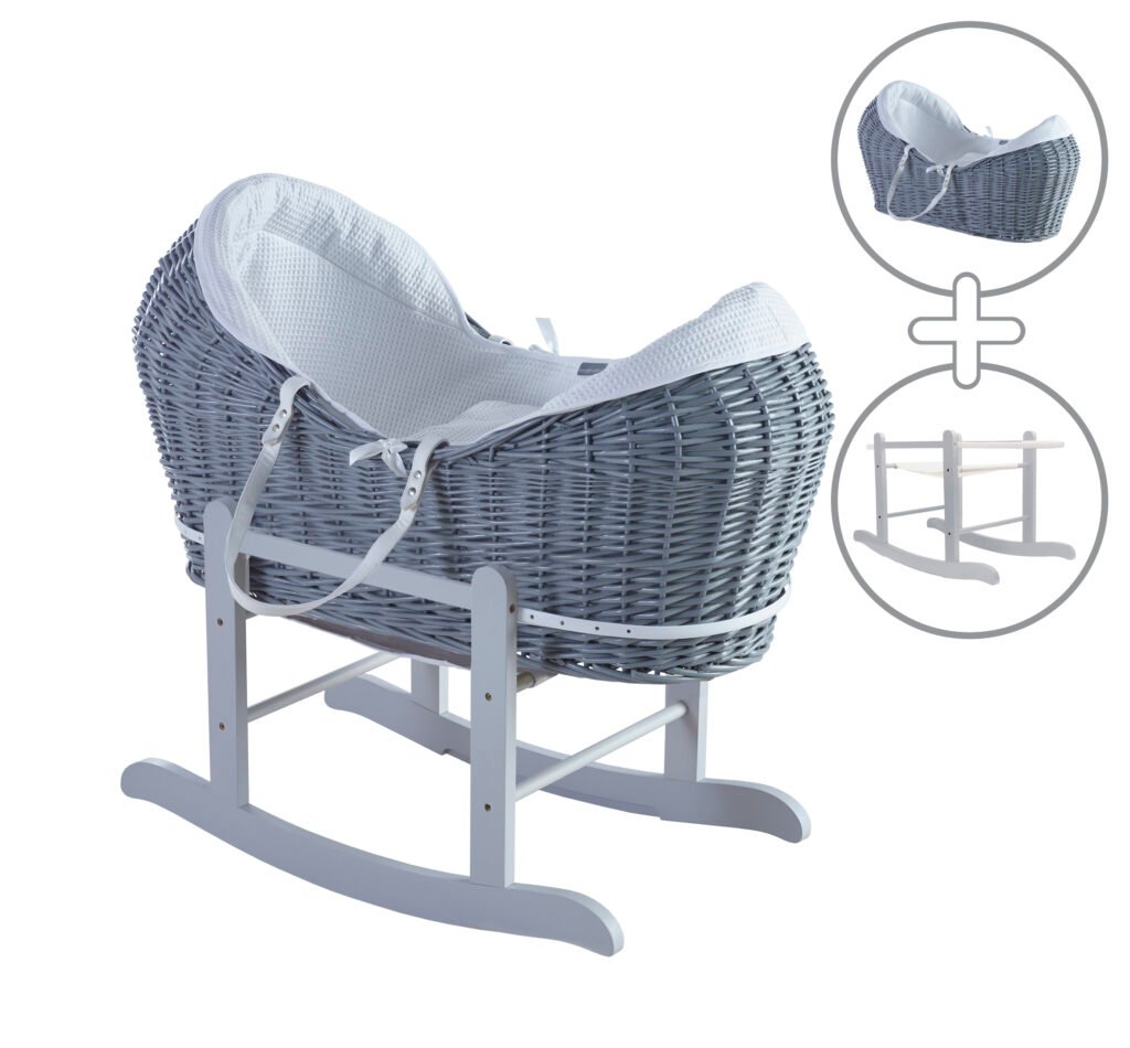 White Waffle Grey Pod Moses Basket with Grey Rocking Stand