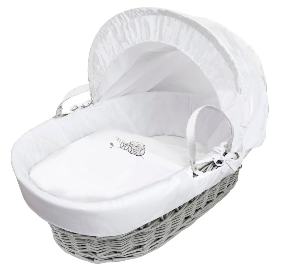 Sleepy Owl Grey Wicker Moses Basket with Grey Rocking Stand