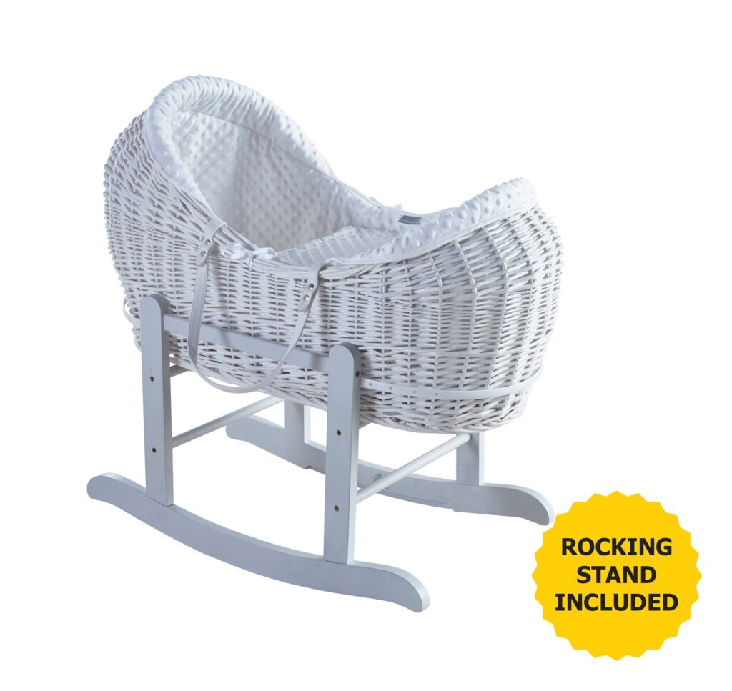 White Dimple White Pod Moses Basket with Grey Rocking Stand
