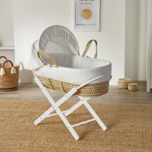 White Waffle Palm Moses Basket with Folding Stand White