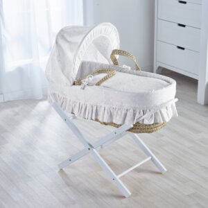 Broderie Anglaise White Palm Moses Basket with Folding Stand White