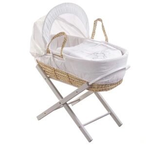 White Teddy Wash Day Palm Moses Basket with Folding Stand Grey