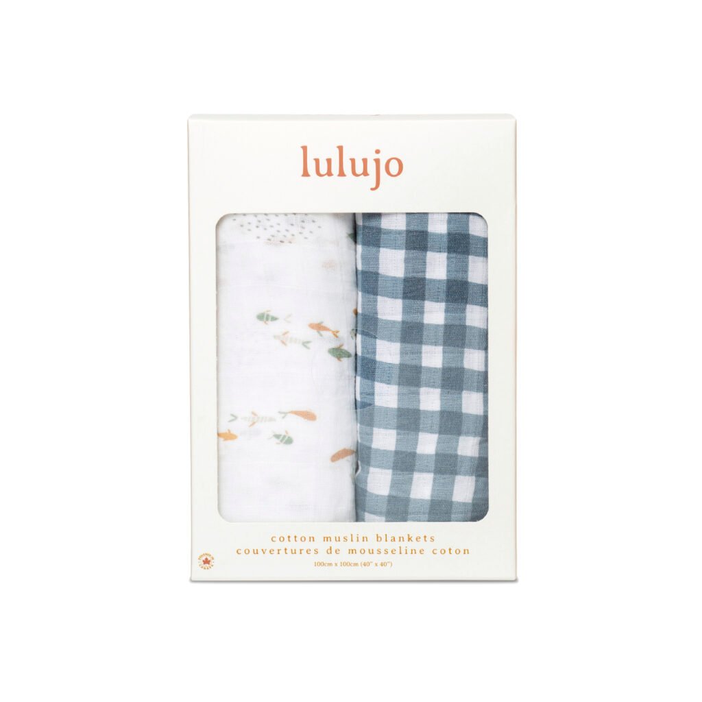 2-pack Cotton Swaddles - Fish & Navy Gingham