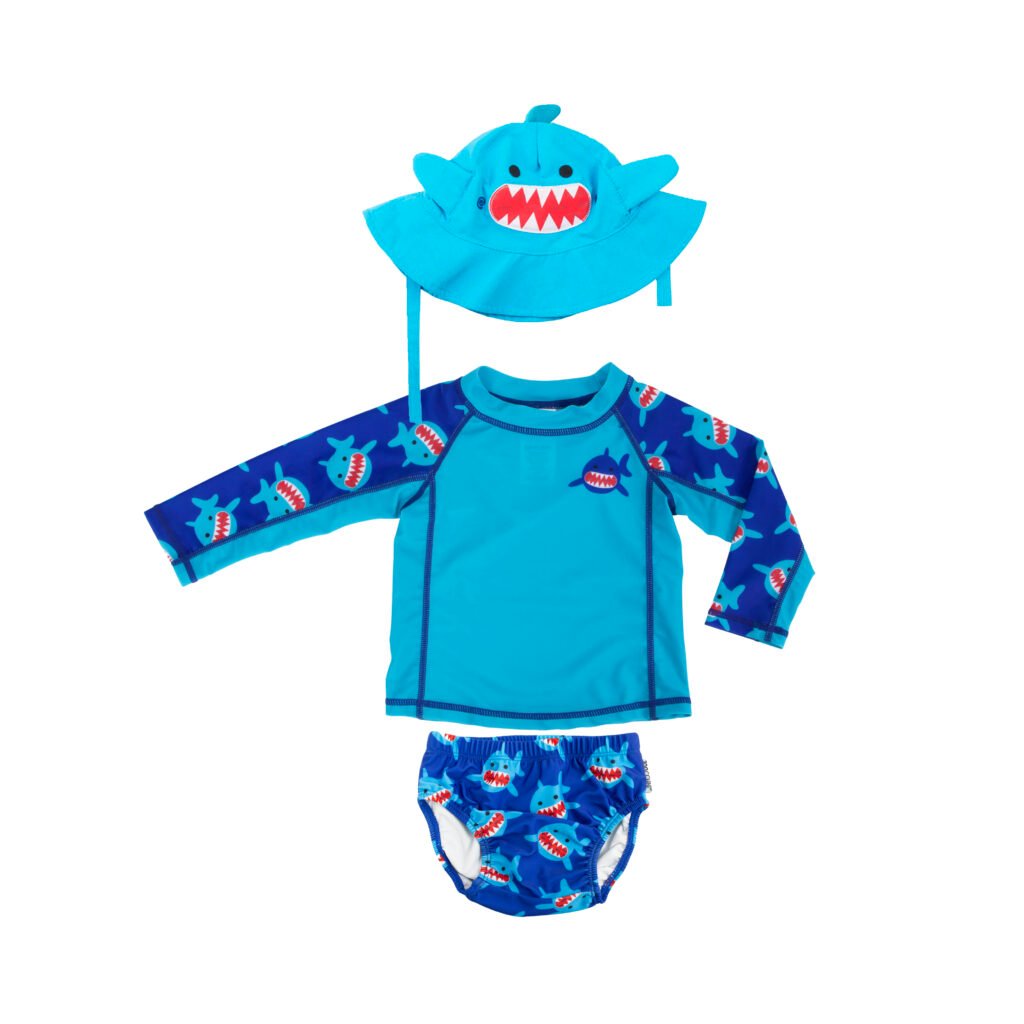 Baby Swim Set – Rash Guard Top, Swim Diaper & Sun Hat - Shark