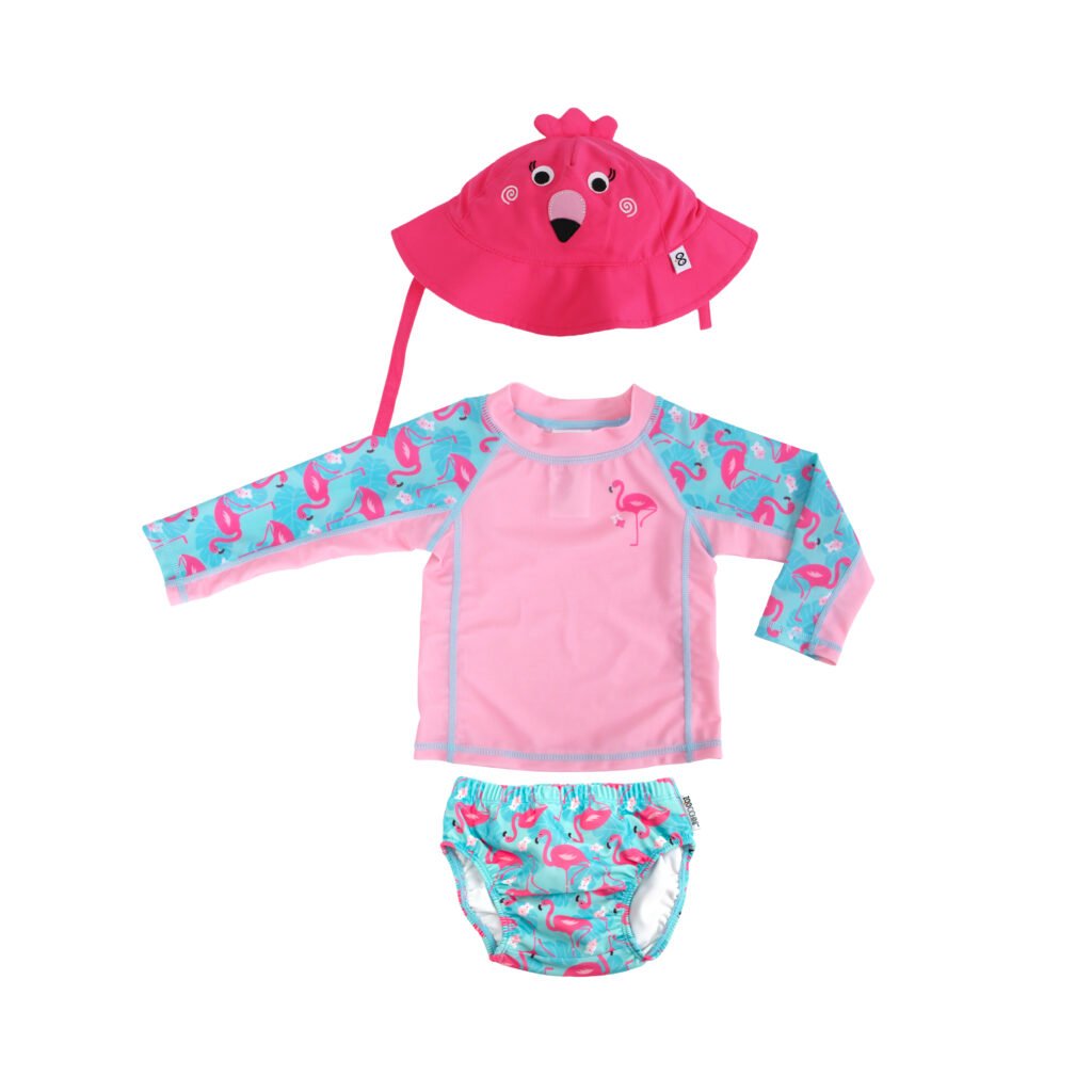 Baby Swim Set – Rash Guard Top, Swim Diaper & Sun Hat - Flamingo (3-6M)