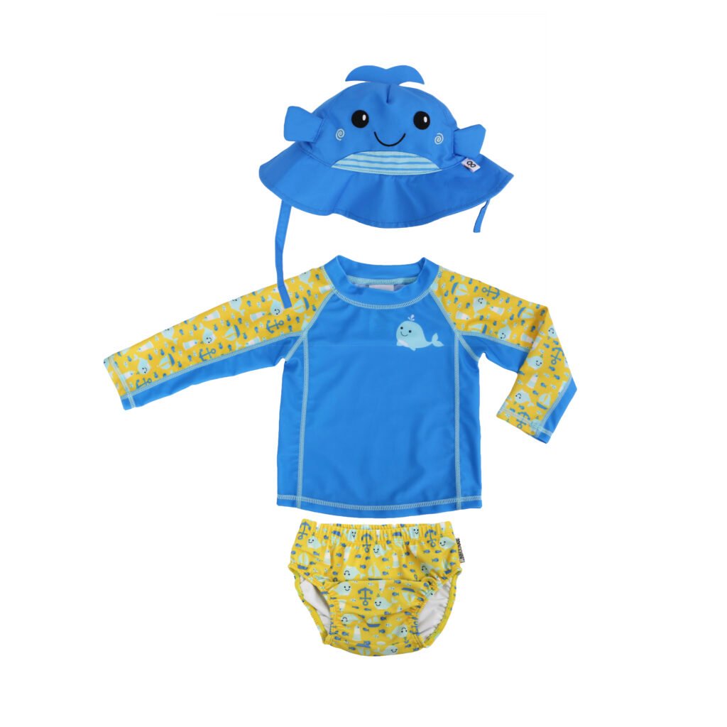 Baby Swim Set – Rash Guard Top, Swim Diaper & Sun Hat - Whale
