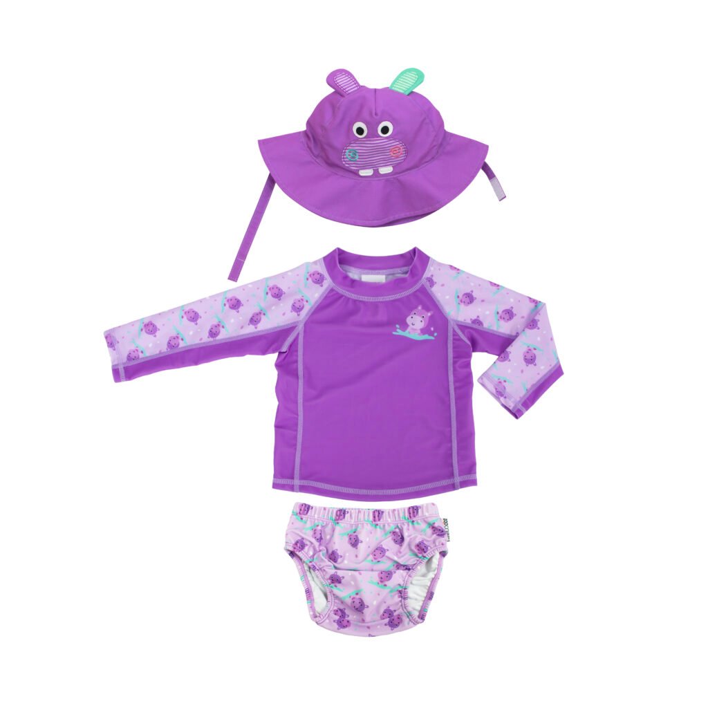 Baby Swim Set – Rash Guard Top, Swim Diaper & Sun Hat - Hippo