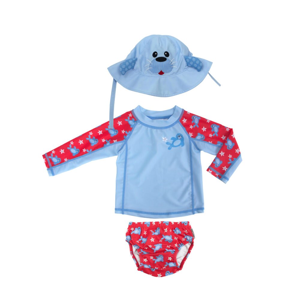 Baby Swim Set – Rash Guard Top, Swim Diaper & Sun Hat - Seal