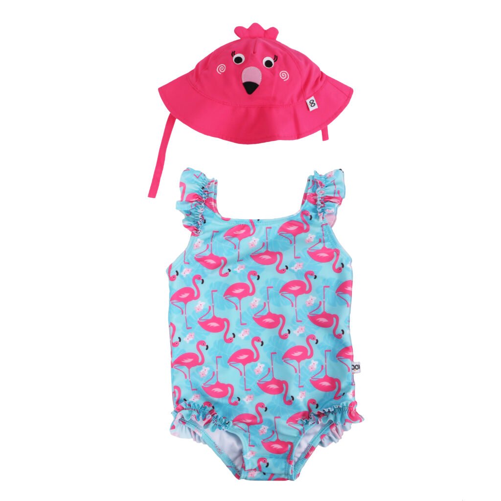 Baby Swimsuit and Hat Set - Flamingo