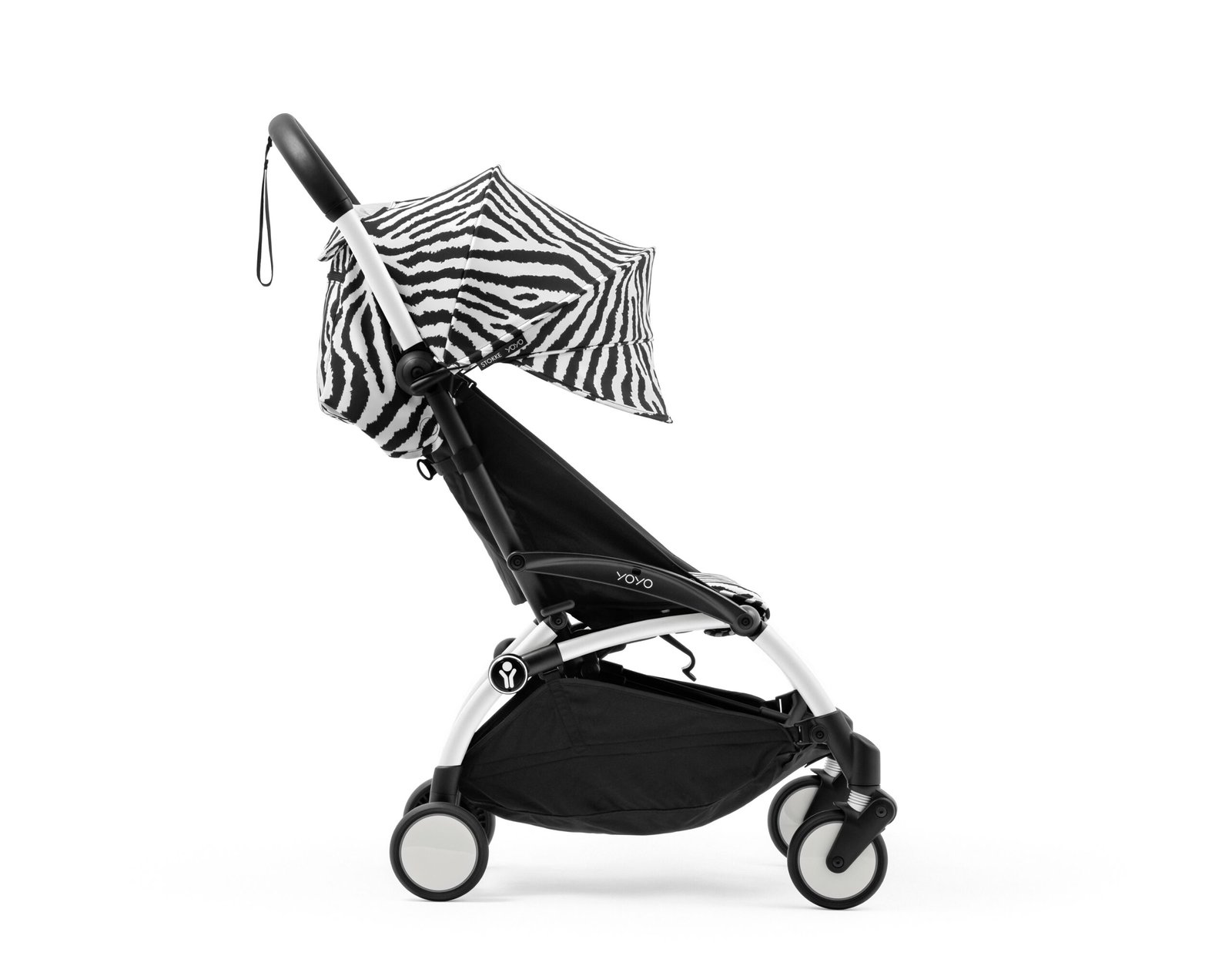 Stokke® YOYO® 6+ Zebra. White frame. Extended Canopy. Profile view.
