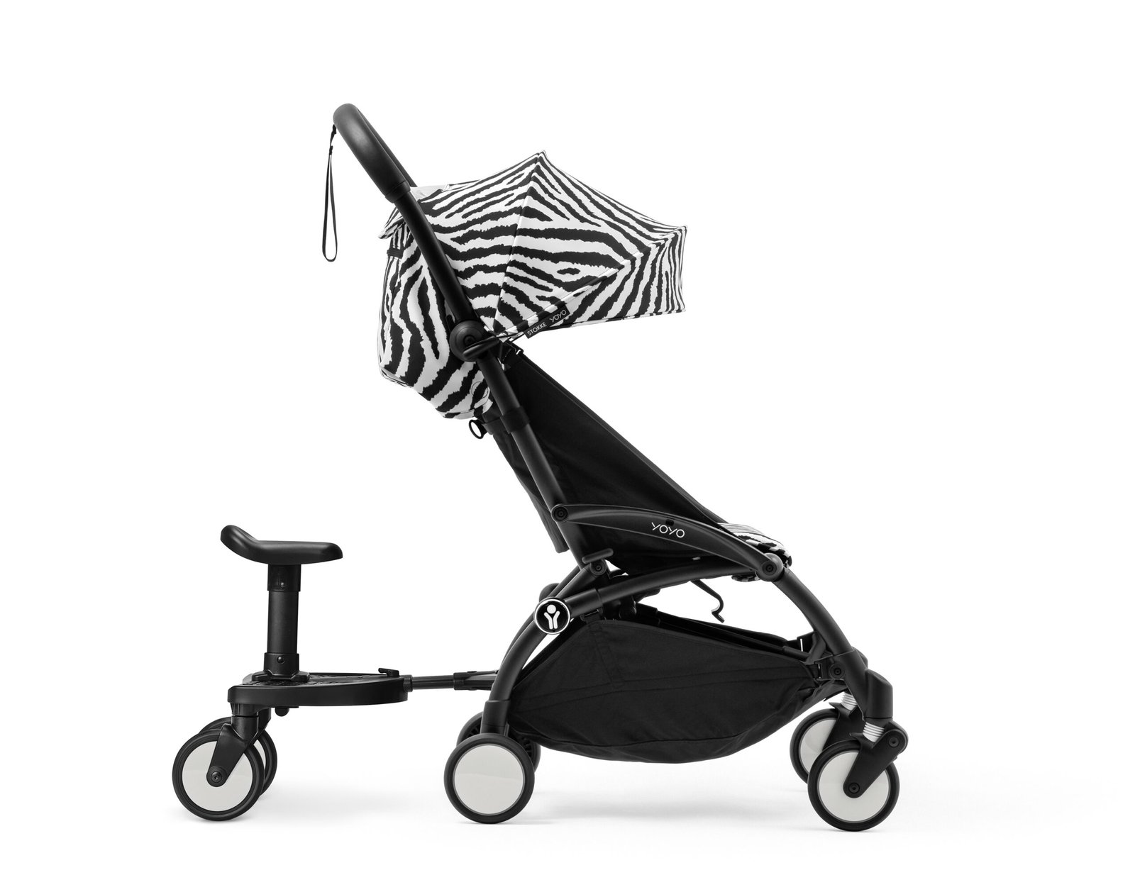 Stokke® YOYO® 6+ Zebra. Black frame. Board. Profile view.