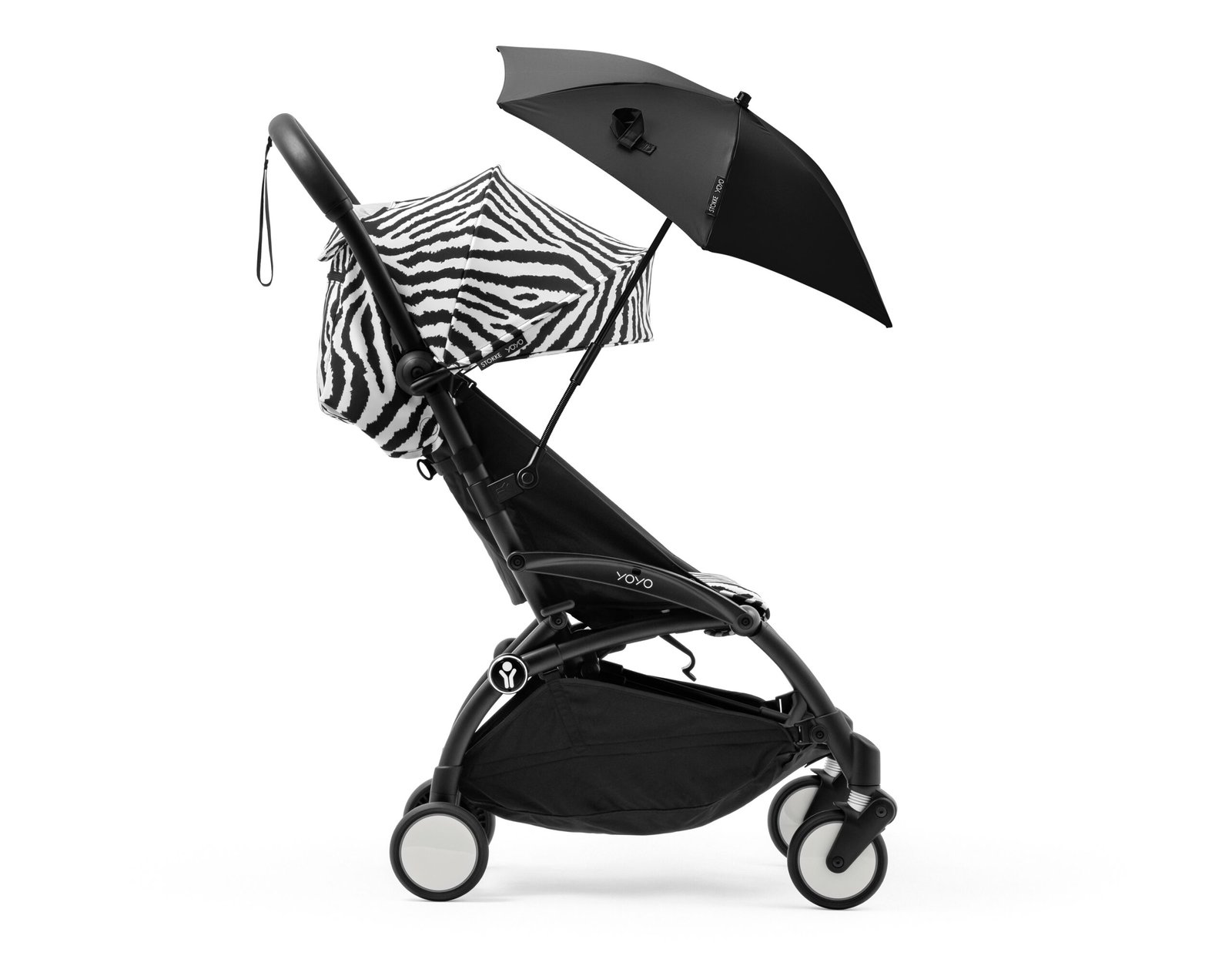 Stokke® YOYO® 6+ Zebra. Black frame. Parasol Black. Profile view.